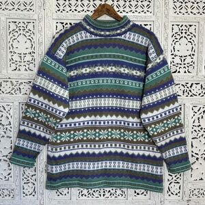 Vintage Blue & Green Nordic Fair Isle Mockneck Grannycore Sweater Sz Medium